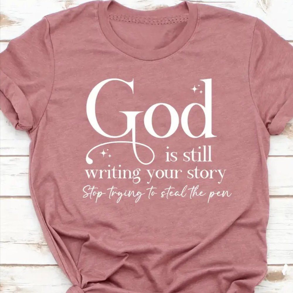 NEW PINK "GOD IS STILL WRITING YOUR STORY " SHORT SLEEVE GRAPHIC T-SHIRT LARGE